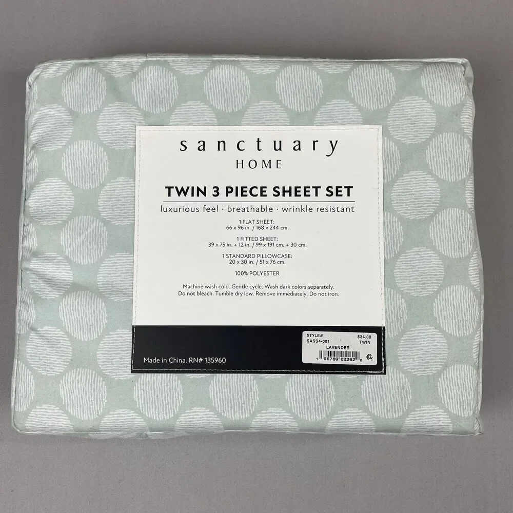 Sanctuary Home 3-Piece Twin Sheet Set Printed Green White Pattern New Luxurious